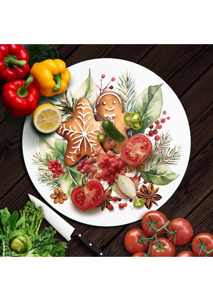 Cam Kesme Tahtası ve Sunumluk Yuvarlak Gingerbread Yılbaşı Kurabiye Desenli 30 x 30 cm fiyatları