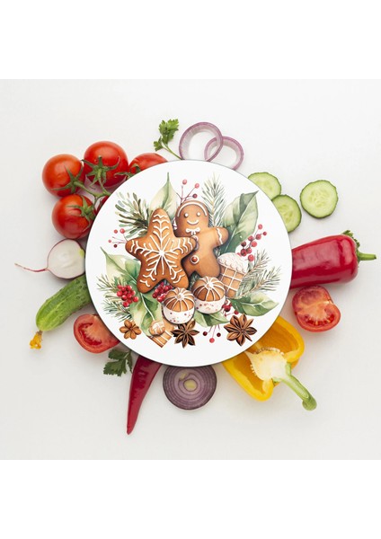 Cam Kesme Tahtası ve Sunumluk Yuvarlak Gingerbread Yılbaşı Kurabiye Desenli 30 x 30 cm modelleri