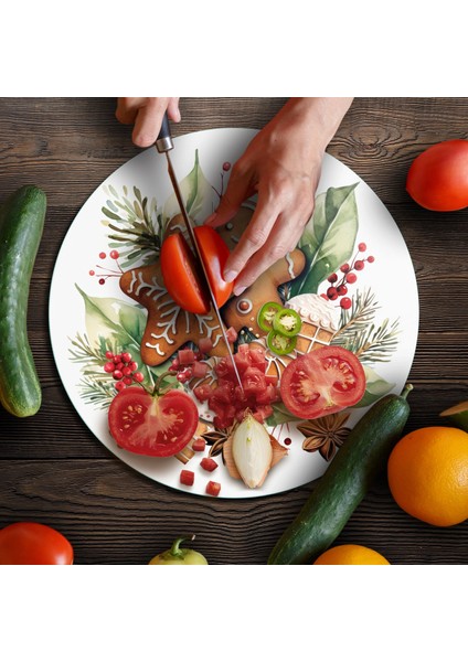 Cam Kesme Tahtası ve Sunumluk Yuvarlak Gingerbread Yılbaşı Kurabiye Desenli 30 x 30 cm fırsatları