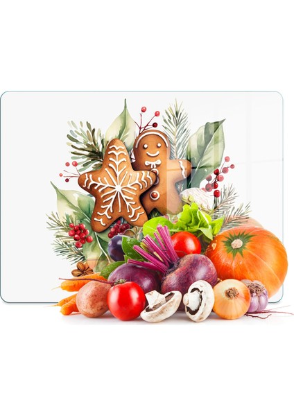 Cam Kesme Tahtası ve Sunumluk Gingerbread Yılbaşı Kurabiye Desenli 20 x 30 cm