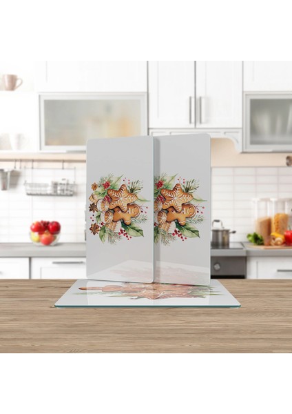 Cam Sunum Servis Tabağı 3'lü Dikdörtgen Set Gingerbread Yılbaşı Kurabiye Desenli