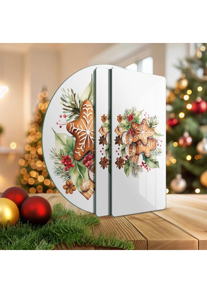 Cam Sunum Servis Tabağı 3'lü Yuvarlak Set Gingerbread Yılbaşı Kurabiye Desenli