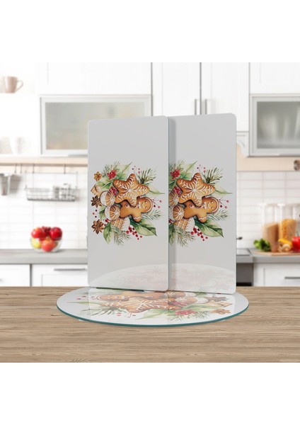 Cam Sunum Servis Tabağı 3'lü Yuvarlak Set Gingerbread Yılbaşı Kurabiye Desenli fiyatları