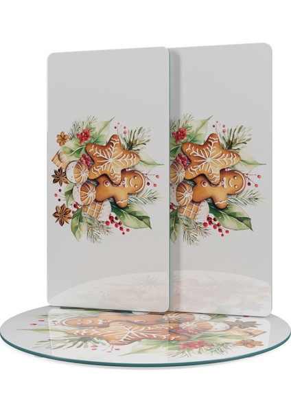 Cam Sunum Servis Tabağı 3'lü Yuvarlak Set Gingerbread Yılbaşı Kurabiye Desenli modelleri