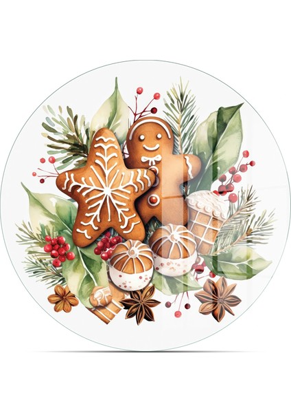 Cam Sunum Servis Tabağı 3'lü Yuvarlak Set Gingerbread Yılbaşı Kurabiye Desenli fırsatları