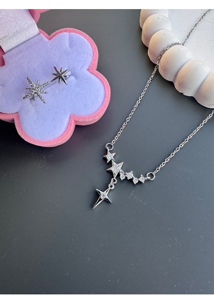 Gümüş Renk Yıldızlı Kolye-Yüzük Seti Çelik