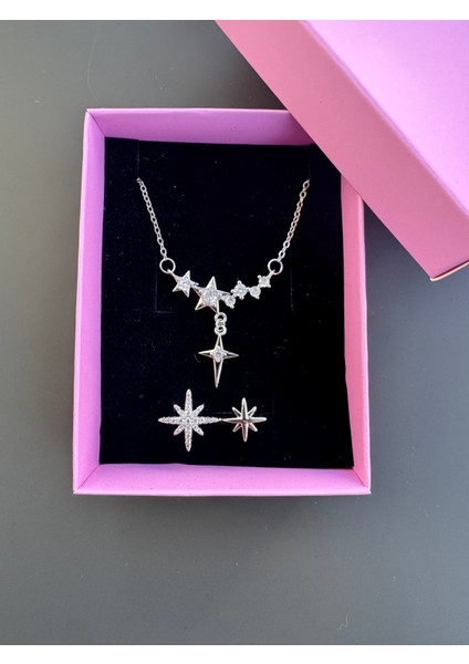 Gümüş Renk Yıldızlı Kolye-Yüzük Seti Çelik fiyatları