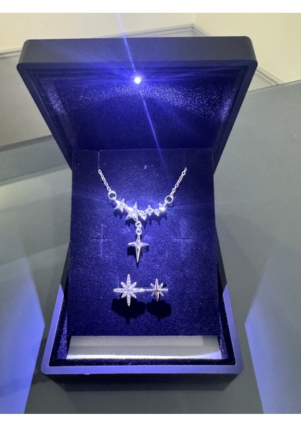 Işıklı Kutuda Yıldız Kolye Yüzük Seti Çelik