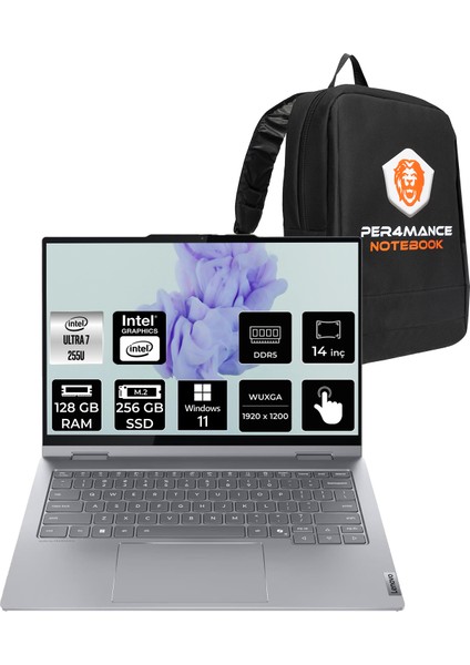 Thinkbook 14 Gen 5 Intel Core Ultra 7 255U 128GB 256GB SSD 14" Fhd+ W11H Multi-Touch 2-In-1 Taşınabilir Bilgisayar & Per4 Çanta 21SQ002TTXP415