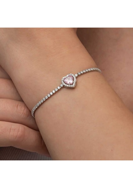 Gümüş Pembe Taşlı Kalpli Su Yolu Bileklik fiyatları
