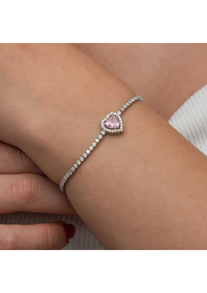 Gümüş Pembe Taşlı Kalpli Su Yolu Bileklik fırsatları