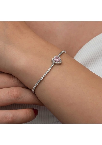 Gümüş Pembe Taşlı Kalpli Su Yolu Bileklik indirimleri