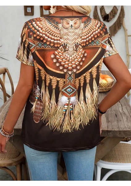 Kadın Kısa Kollu V Yakalı Kısa Kollu Salaş Desenli Süprem Bluz indirimleri