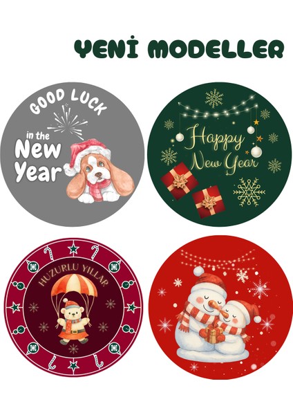 20 Adet 4 cm Yılbaşı Temalı Yapışkanlı Sticker Hediye Paketi Etiketi modelleri