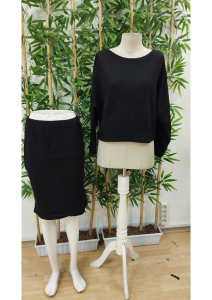 Kadın Uzun Kollu Iki Yanı Açık Yaka Detaylı Bluz ve Etek Şardonlu Kaşkorse Ikili Takım indirimleri