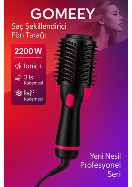 2200W Profesyonel Saç Şekillendirici Fön Tarağı, Ionic+ Teknoloji, 3 Isı Kademesi