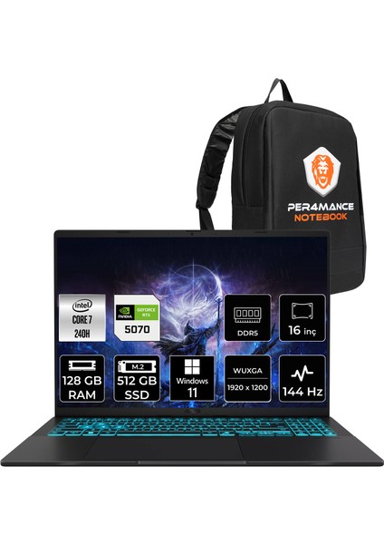V16 Intel Core 7 240H 128GB 512GB SSD RTX5070/8GB 16" Fhd+ 144Hz W11H Taşınabilir Bilgisayar & Per4 Çanta V3607VPRP054WP397