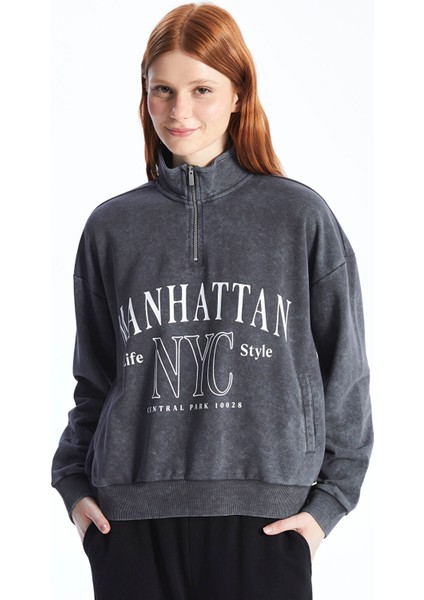 Yeni Sezon Dik Yaka Baskılı Oversize Kadın Kalın Sweatshirt