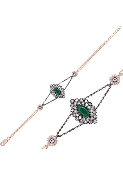 Gümüş Rose Mat Yeşil Taşlı Otantik Bileklik