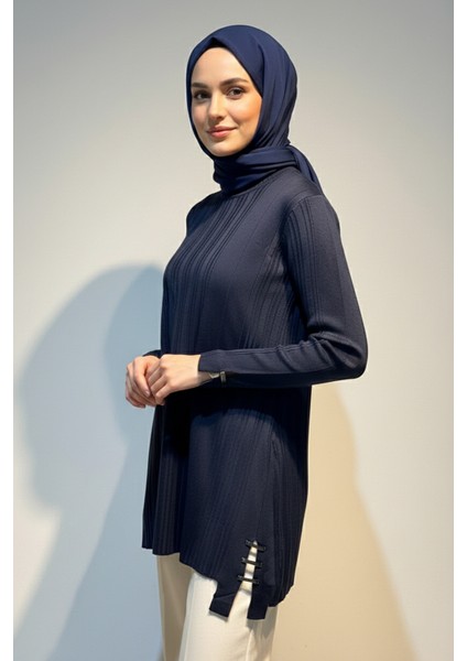 Aksesuar Detaylı Fitilli Triko Tunik 35041 Lacivert