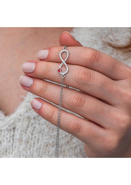Gümüş Sonsuzluk Kırmızı Kalpli Kadın Bileklik