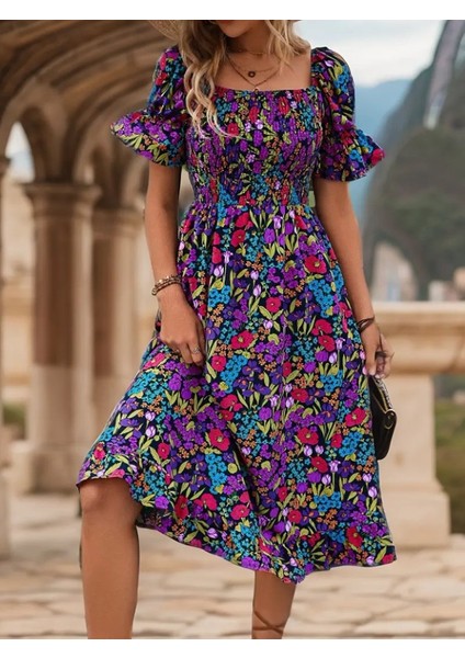 Kadın Kısa Kollu Kare Yakalı Beli Lastikli Çiçek Desenli Mini Süprem Elbise