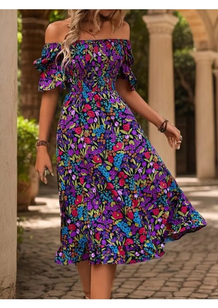 Kadın Kısa Kollu Kare Yakalı Beli Lastikli Çiçek Desenli Mini Süprem Elbise fiyatları