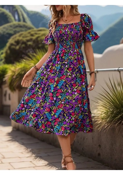 Kadın Kısa Kollu Kare Yakalı Beli Lastikli Çiçek Desenli Mini Süprem Elbise modelleri