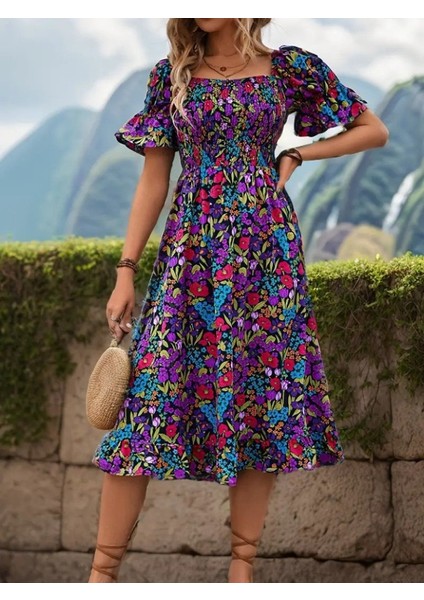 Kadın Kısa Kollu Kare Yakalı Beli Lastikli Çiçek Desenli Mini Süprem Elbise fırsatları