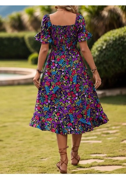 Kadın Kısa Kollu Kare Yakalı Beli Lastikli Çiçek Desenli Mini Süprem Elbise indirimleri