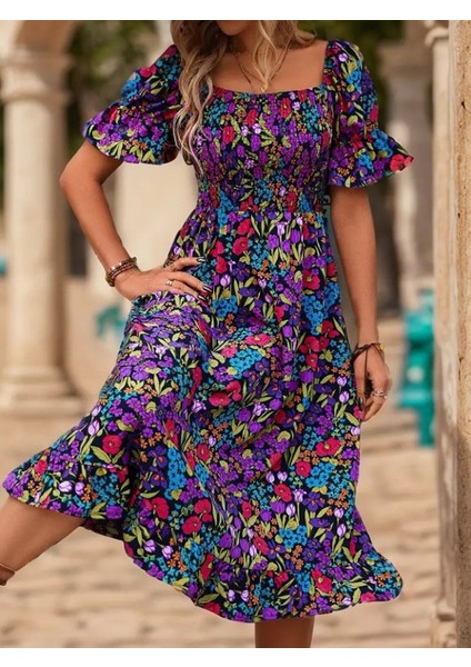 Kadın Kısa Kollu Kare Yakalı Beli Lastikli Çiçek Desenli Mini Süprem Elbise