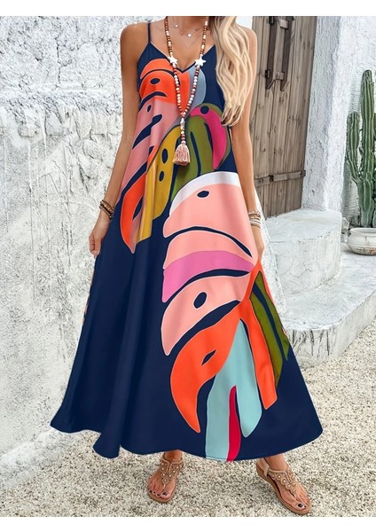 Kadın Ip Askılı V Yakalı Desenli Süprem Maxi Elbise