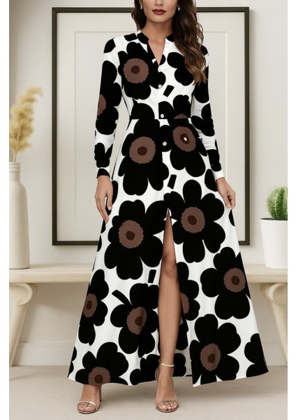 Kadın Yakalı Önden Düğmeli Çiçek Desenli Uzun Süprem Elbise