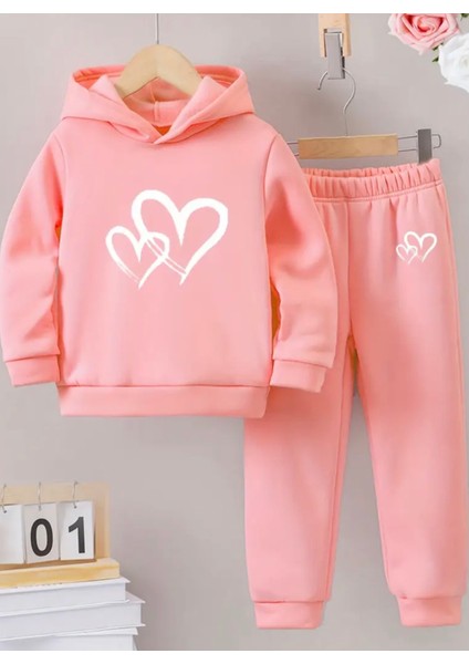 Punıx Kıds Özel Seri Beyaz Çift Kalp Baskılı Kapüşonlu %100 Pamuk Kışlık Kız Çocuk Eşofman Takımı