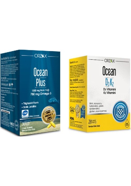 Saf Balık Yağı Ocean Plus Omega 3 1200 Mg 30 Kapsül D3 ve K2 Vitamini Damla 20 ml