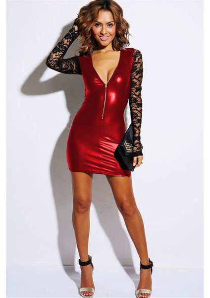 B101159 Dantel Kollu Parlak Elbise indirimleri