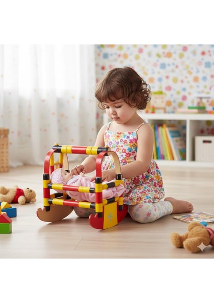 Dekoratif Oyuncak Nostaljik Ahşap Beşik,tahta Beşik 30CM El Boyaması Orjinal Ahşap Beşik