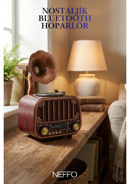 Nostaljik Gramofon Tasarımlı Bluetooth Hoparlör & Plak Çalar Görünümlü Radyo