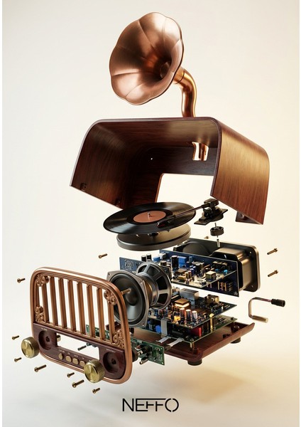 Nostaljik Gramofon Tasarımlı Bluetooth Hoparlör & Plak Çalar Görünümlü Radyo