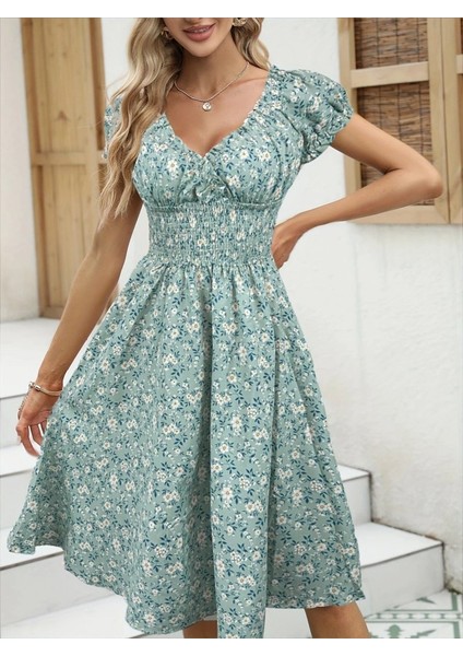 Kadın Kısa Kollu Kruvaze Yaka Lastikli Belden Gipeli Çiçek Desenli Suprem Elbise fiyatları