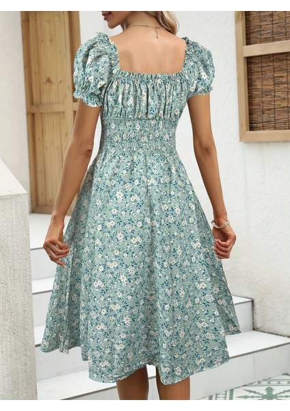 Kadın Kısa Kollu Kruvaze Yaka Lastikli Belden Gipeli Çiçek Desenli Suprem Elbise modelleri