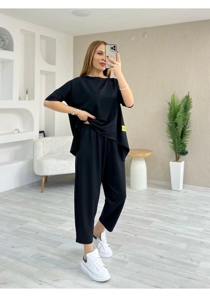 Kadın Kısa Kollu Bisiklet Yaka Viskon Iki Iplik Bluz ve Pantolon Ikili Takım