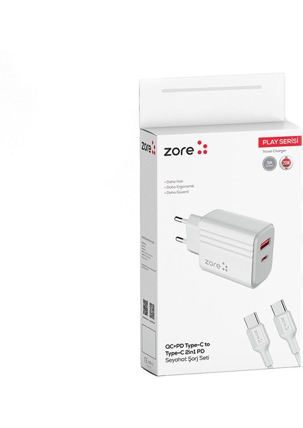 ​tekno Grup Zore Play Serisi PL07 Type-C To Type-C 2in1 Pd Seyahat Şarj Aleti 20W - Beyaz