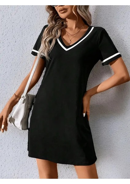 Kadın Kısa Kollu V Çizgili Yakalı Kısa Viskon Elbise indirimleri