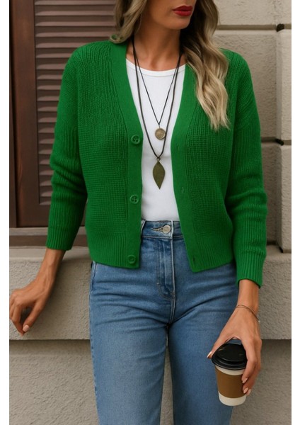 Kadın Uzun Kollu Düğme Detay Triko Hırka