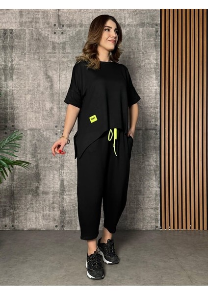 Kadın Kısa Kollu Bisiklet Yaka Viskon Iki Iplik Bluz ve Pantolon Ikili Takım