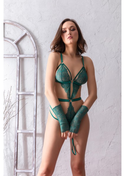 Fantezi Dantel Badi Eldiven Takım Zümrüt (BRF6658)