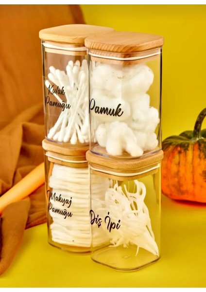 EBA Home 4'lü Ahşap Kapaklı Akrilik Diş Ipi & Kulak Pamuğu & Pamuk & Makyaj Pamuğu Banyo Seti