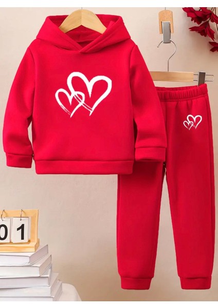 Punıx Kıds Özel Seri Beyaz Çift Kalp Baskılı Kapüşonlu %100 Pamuk Kışlık Kız Çocuk Eşofman Takımı