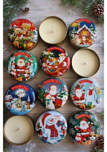 Yılbaşı Baskılı Metal Kutu Mum Happy New Year 5 Li